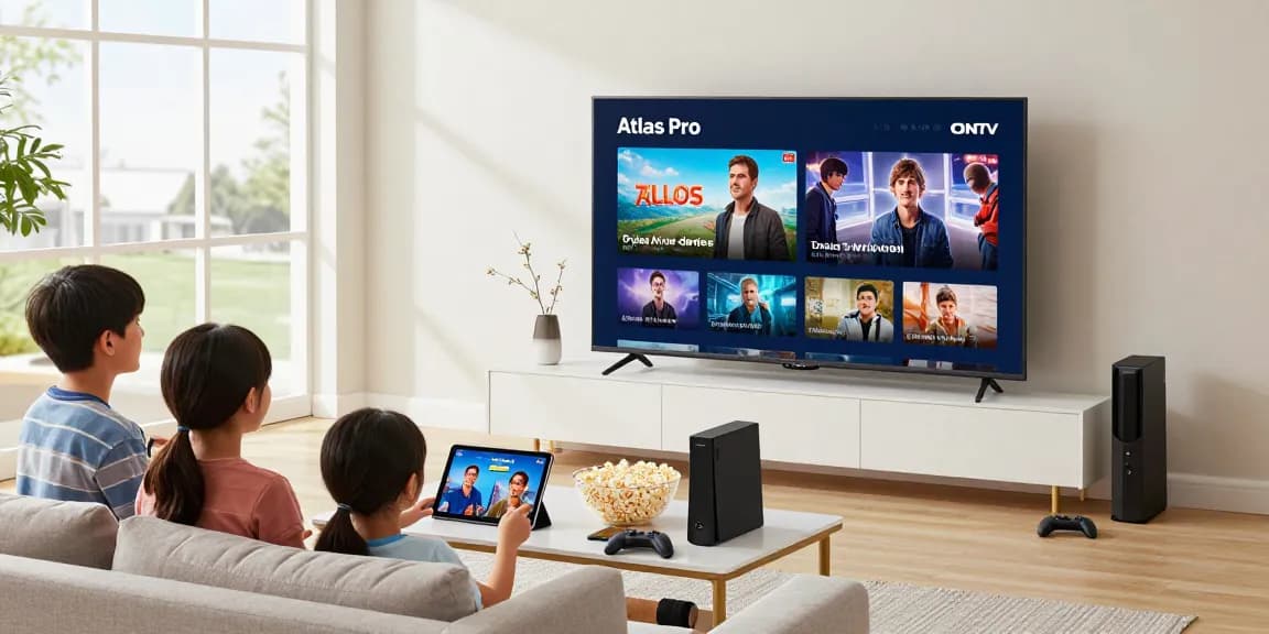 Atlas pro ontv : Famille profitant d'un divertissement varié sur plusieurs écrans dans un salon moderne.