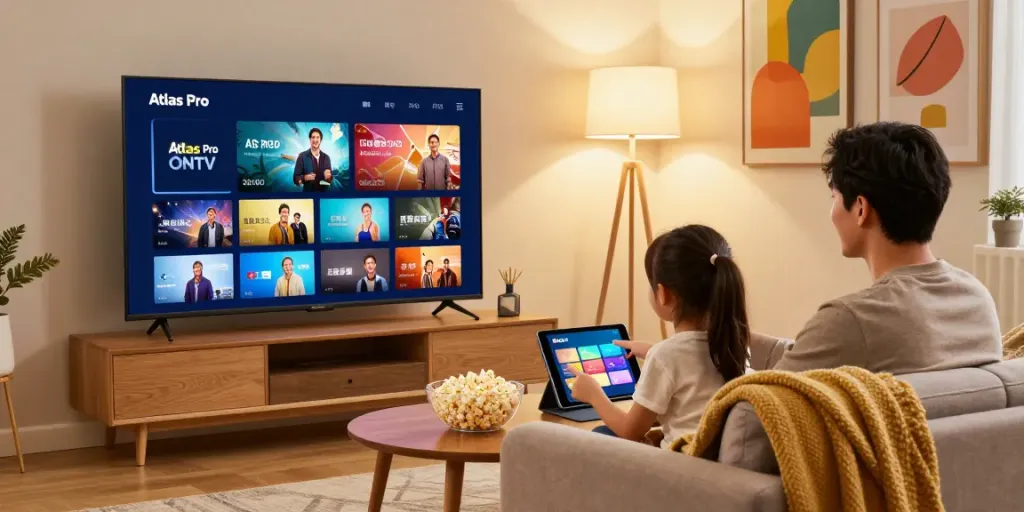 Profitez de l'application Atlas Pro sur un téléviseur intelligent avec une famille rassemblée dans leur salon.