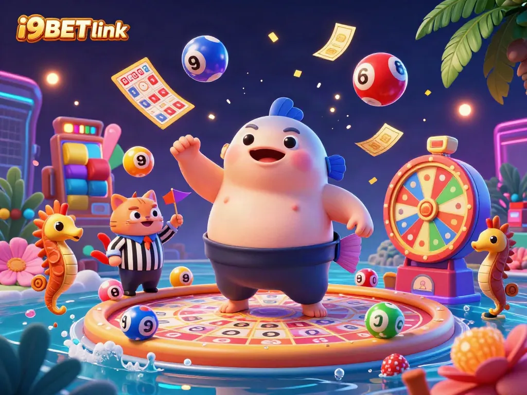 Experience vibrant underwater excitement with i9BET link in this casino-themed illustration featuring a dynamic casino scene.