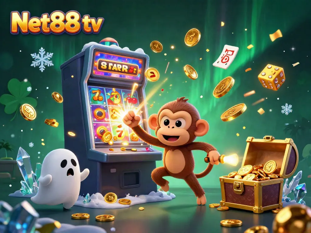 Experience the magic of Net88 tv with a playful ghost monkey juggling slot machine items in a haunted casino.