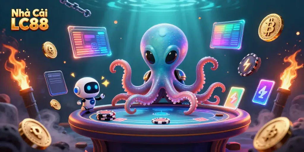 Engage with Nhà Cái LC88 while playing exciting games with playful characters in a vibrant cosmic casino.