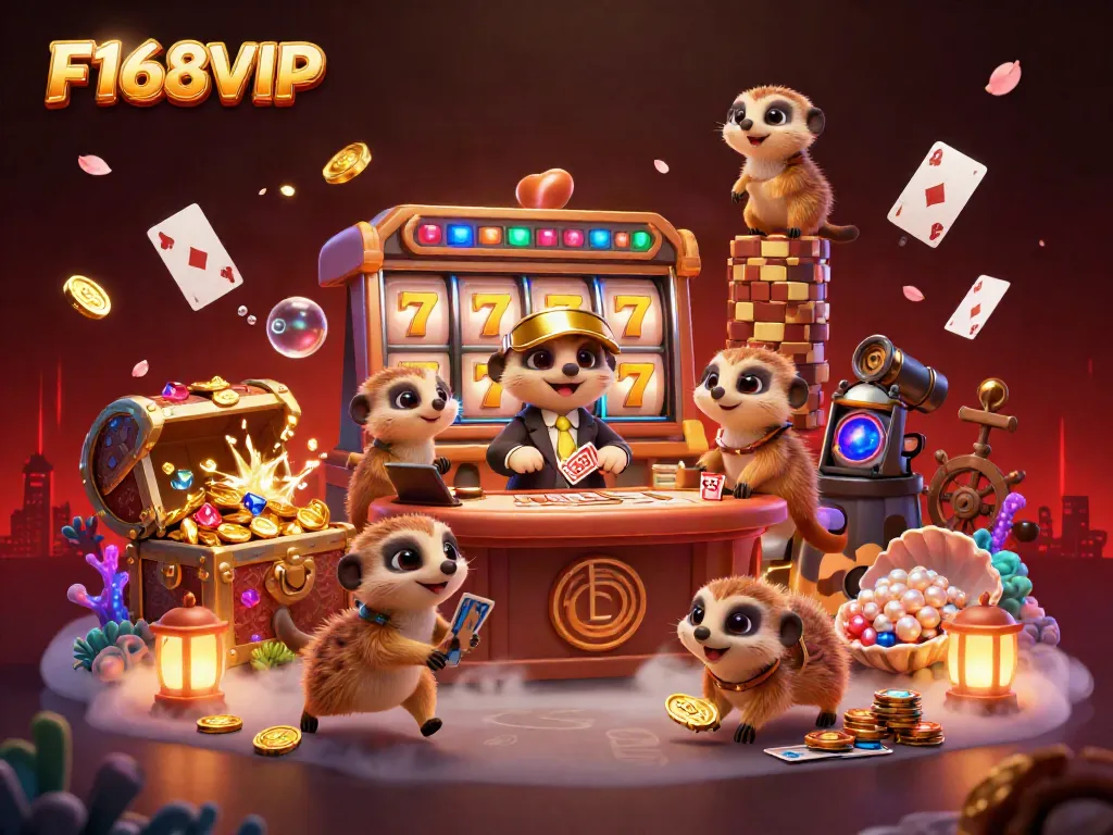 Experience the thrill of F168VIP's online casino with playful meerkats hosting a captivating game scene.
