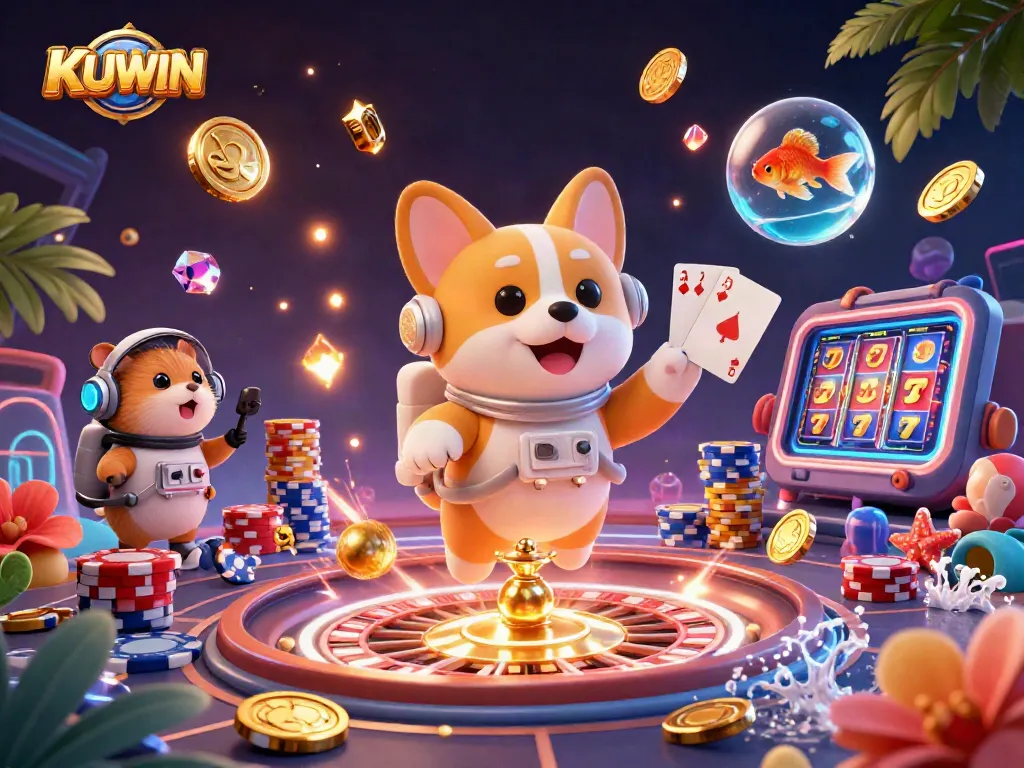 Kuwin casino scene featuring a corgi astronaut amidst floating poker chips and coins in a space station