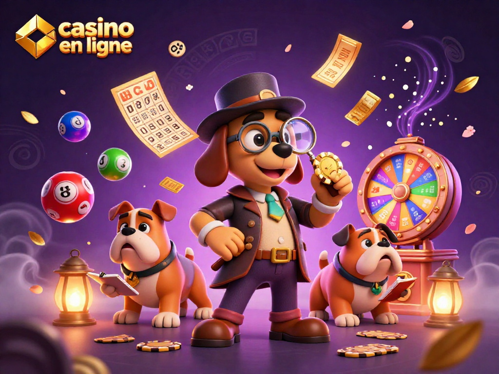 Gagnez au casino en ligne avec un détective et un bulldog révélant des trésors cachés.