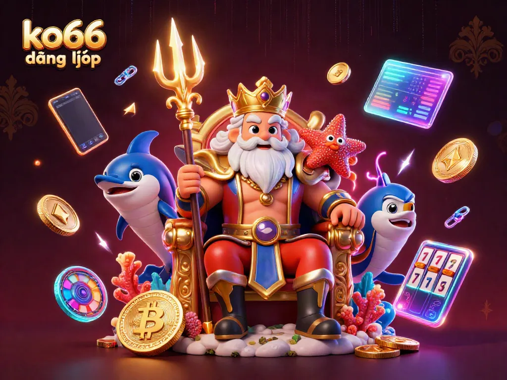 Engage with ko66 đăng nhập, featuring a vibrant scene of a cartoon sea king and crypto elements.