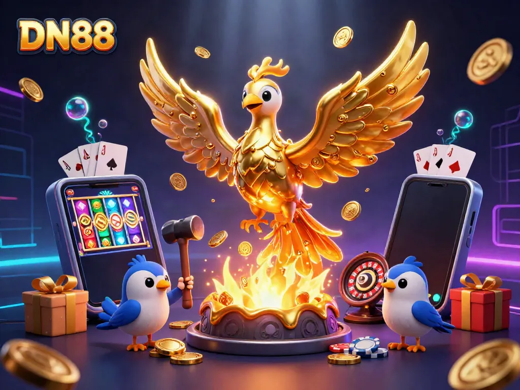Bet on DN88 with an ultra-detailed golden phoenix symbolizing winning strategies in a vibrant casino setting.