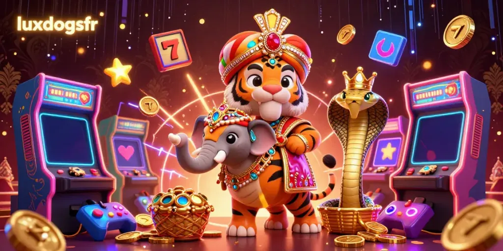 Engage with luxdogsfr interactive casino experience with vibrant 3D carnival scene packed with dynamic gambling elements.
