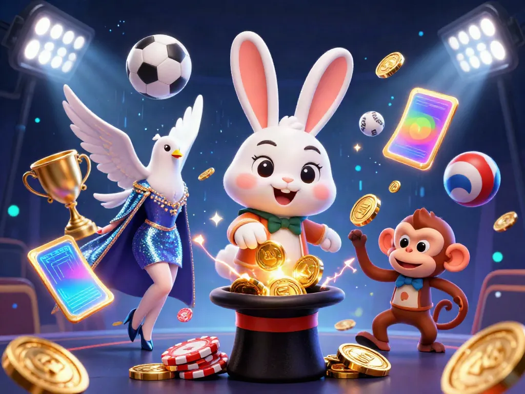 Engage with thrilling TR88 casino action featuring a magician rabbit, glamorous dove, and mischievous monkey amidst dynamic sports elements.