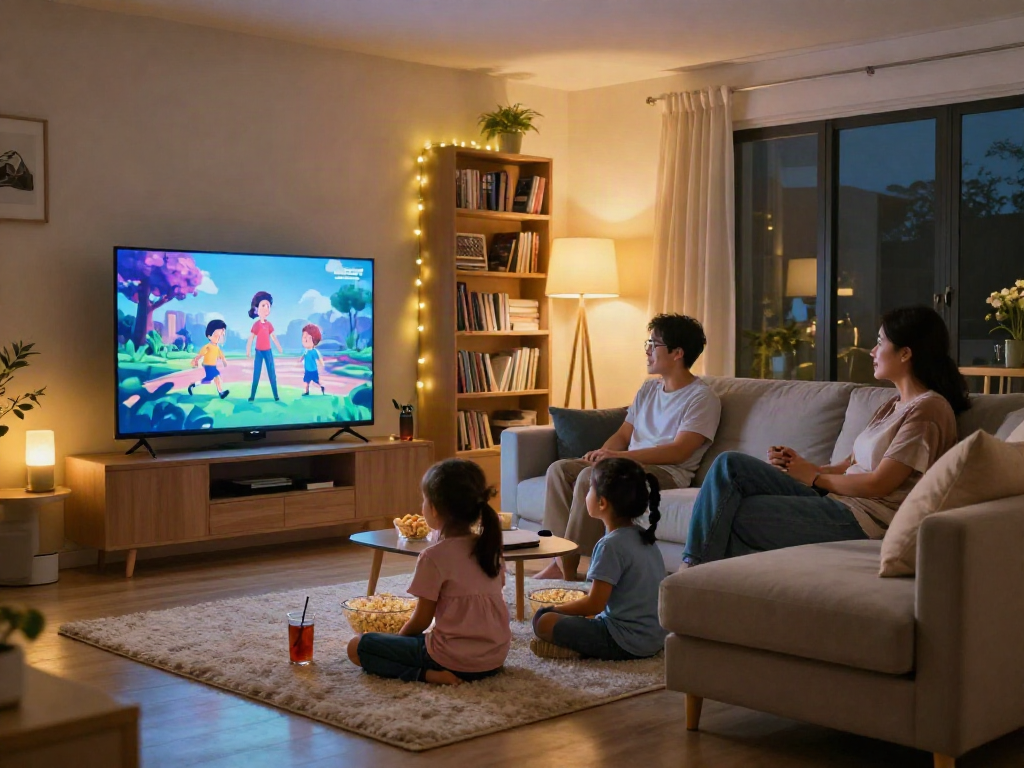 Family enjoying a movie night on their Iron TV in a cozy living room.