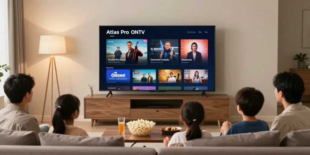 Famille profitant de l'application atlas pro ontv dans un salon moderne, soirée cinéma.
