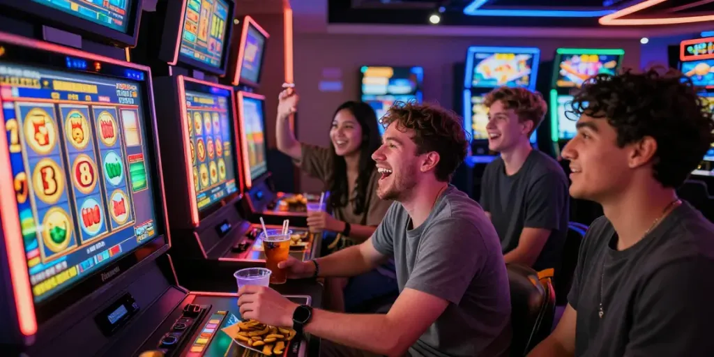 Kelompok teman menikmati permainan slot gacor hari ini di kasino online, menampilkan suasana ceria dan hangout yang seru.