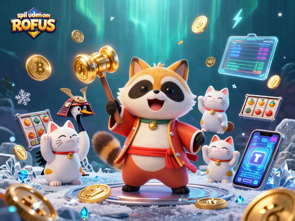 Engage with spil uden om ROFUS at a vibrant 3D casino scene featuring a cheerful tanuki and cryptos