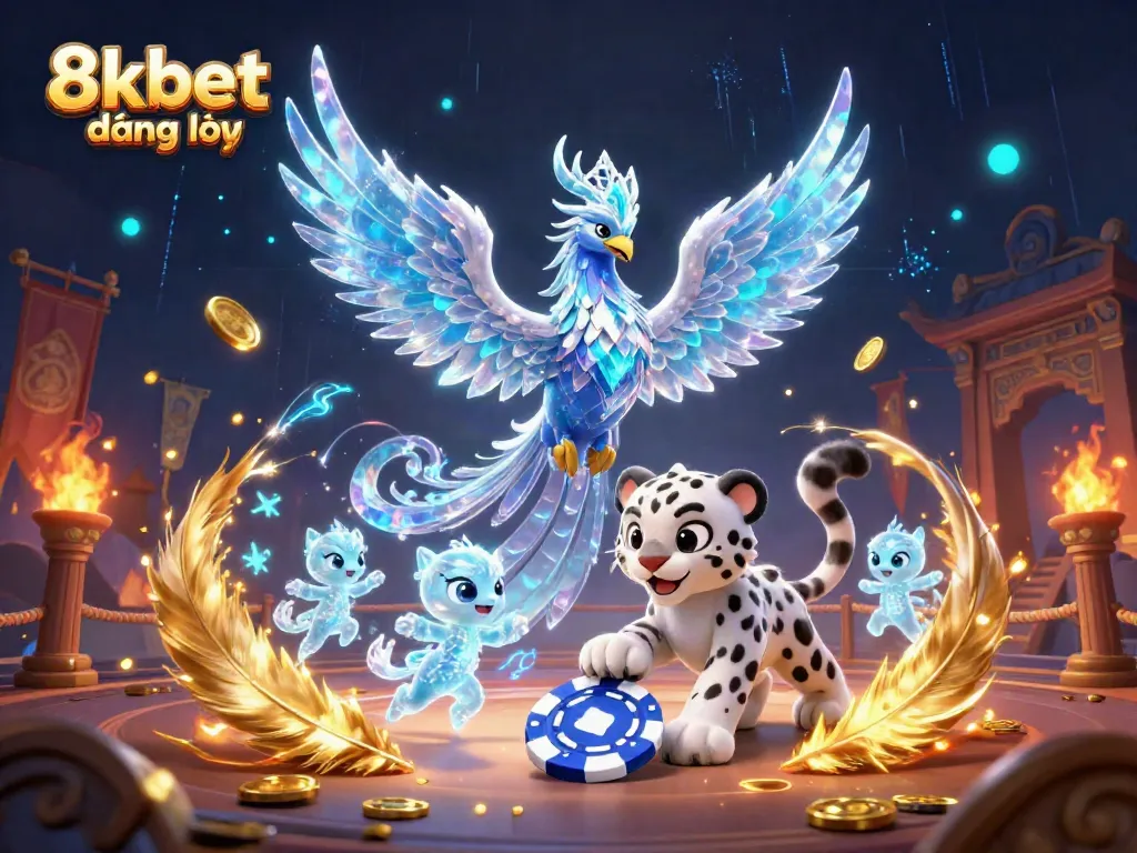 Engage with the 8kbet đăng nhập experience, featuring a vibrant illustration of an ice phoenix, a playful snow leopard cub, and luminous sprites in a dynamic casino setting.