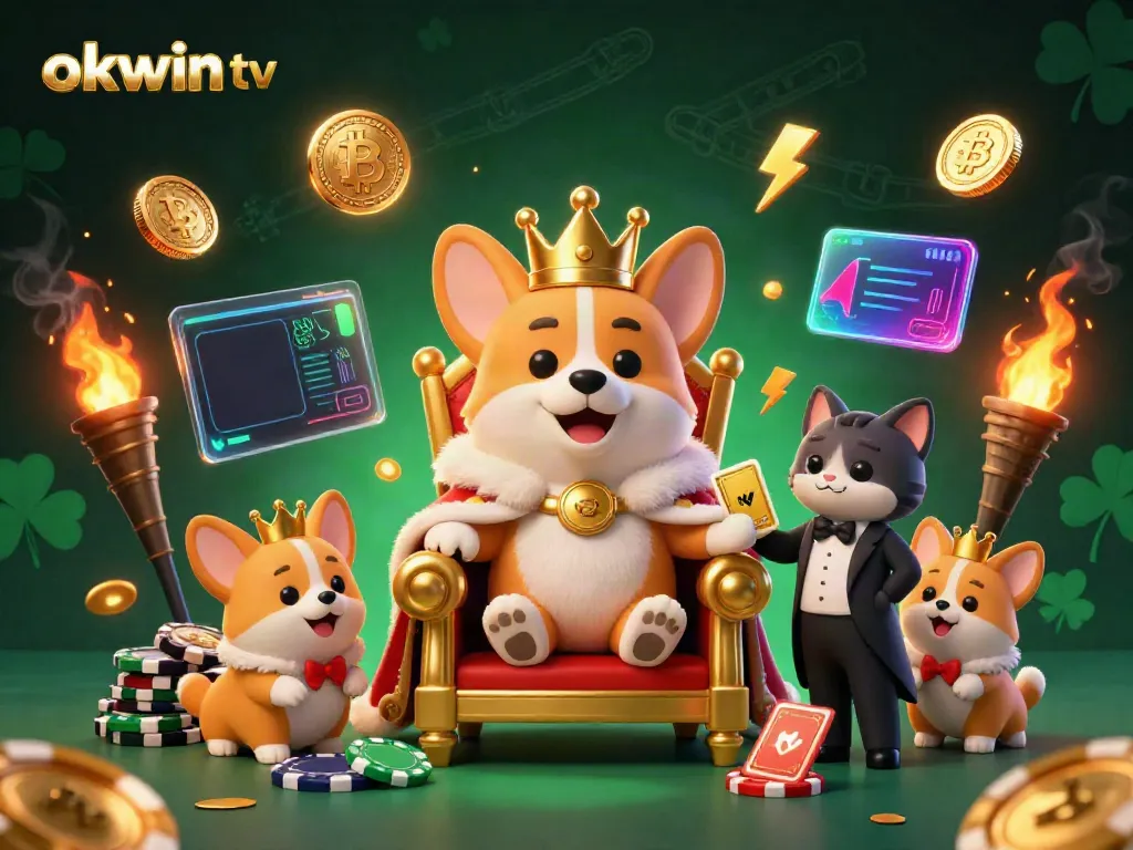 Experience the thrill of okwin tv with a royal corgi and vibrant casino elements, delivered in 3D.