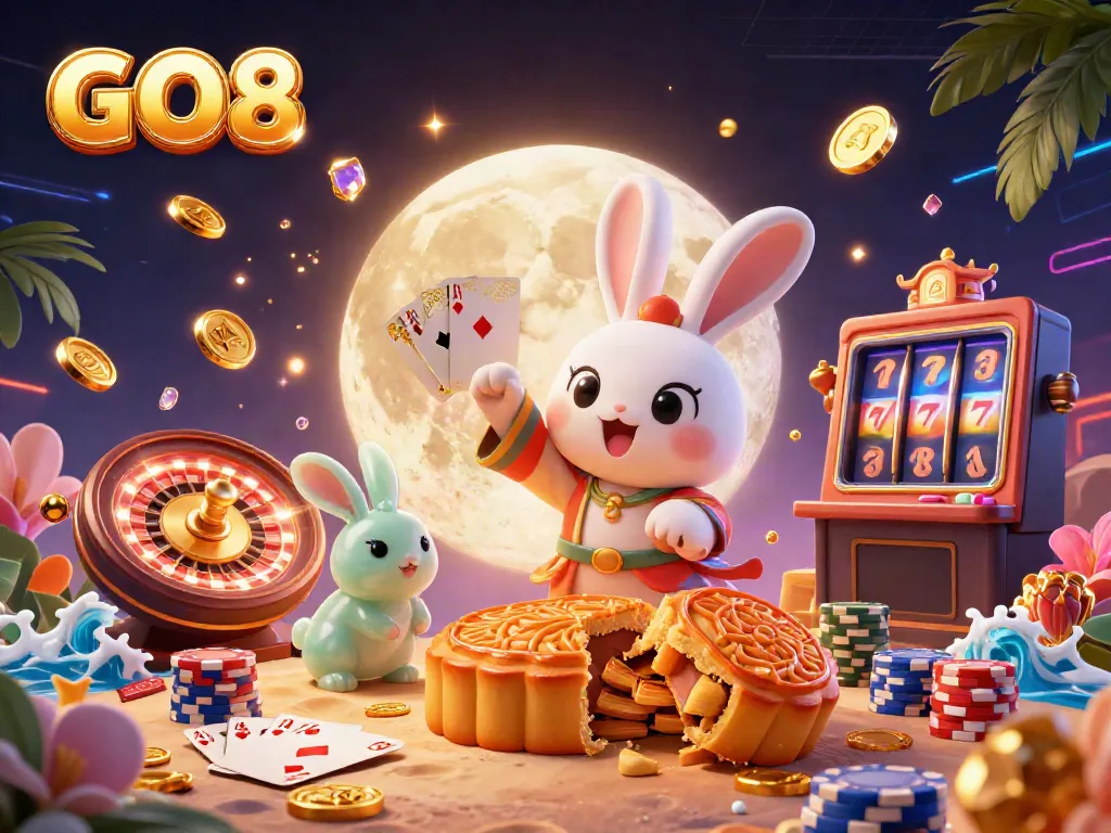 Experience the GO8 excitement with a moon rabbit illustration symbolizing casino gaming elements.