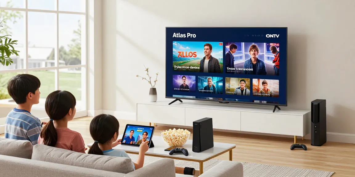 Atlas pro ontv : Famille profitant d'un divertissement varié sur plusieurs écrans dans un salon moderne.