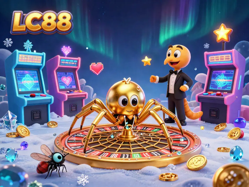 Engage in exhilarating bets at LC88 with a golden roulette wheel crafted by a cartoon spider.