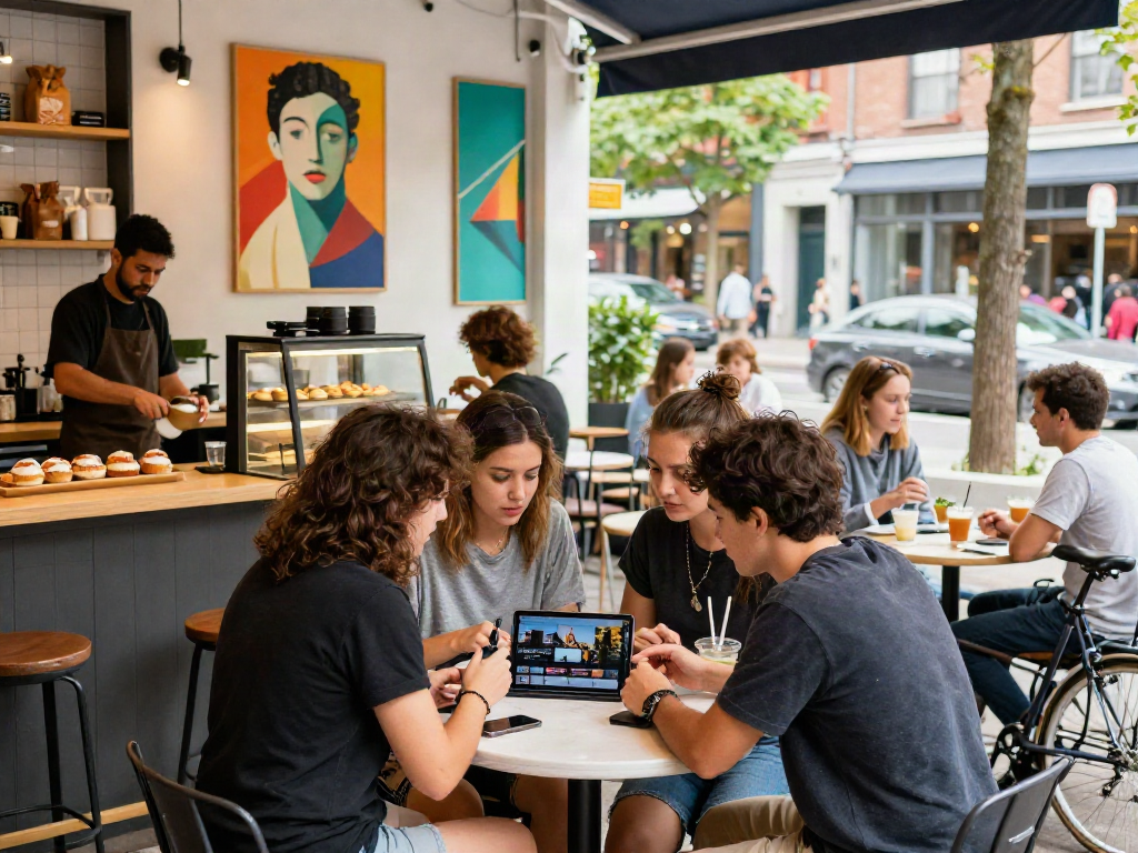 Scène de rue animée avec des amis discutant des émissions Iron tv dans un café moderne.