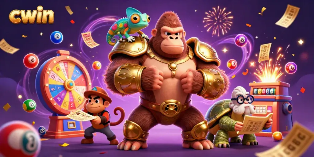 Cwin's dynamic 3D casino scene showcases colorful gaming elements and cartoon characters amidst lottery excitement.