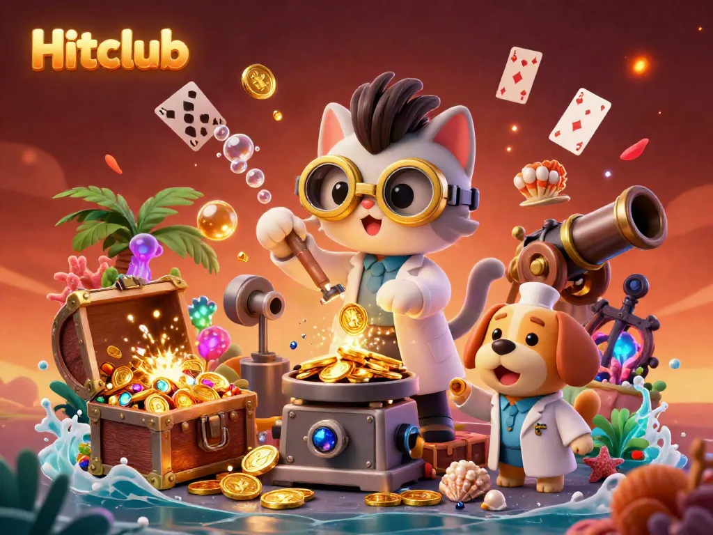 Experience the thrilling Hitclub casino with the mad scientist cat creating an impressive gold-coin machine.