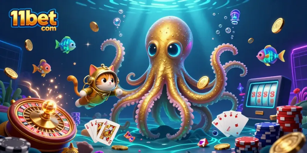 Engage with thrilling casino fun at 11bet com, featuring a kraken, diving cat, and sparkling gems.