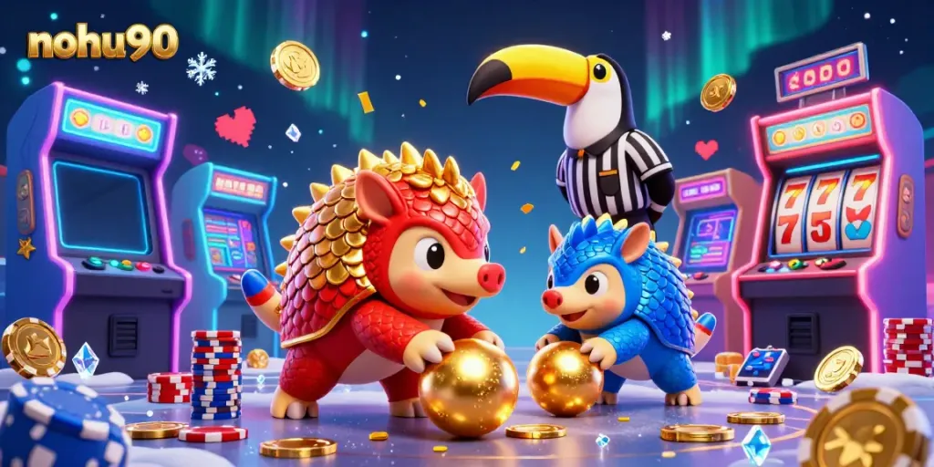 Engage in vibrant gameplay at nohu90 with energetic pangolins bowling through poker chips in this exciting casino illustration.