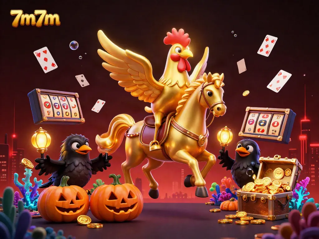 Watch the thrilling 7m7m casino scene with a golden rooster in action amid vibrant slot reels.