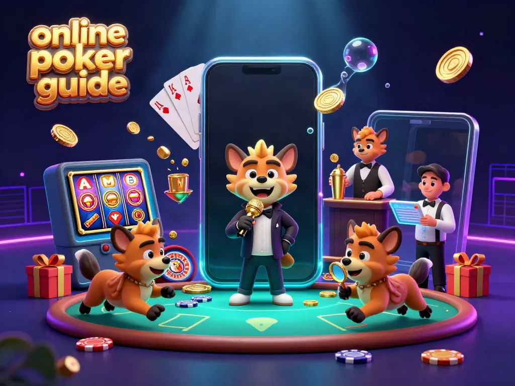 Join the fun in this online poker guide illustration featuring humorous hyena characters in a lively casino scene.