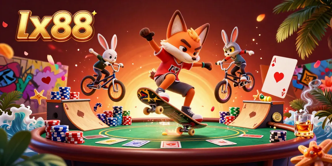 LX88 fox and rabbit characters showcase vibrant casino elements in an energetic scene.