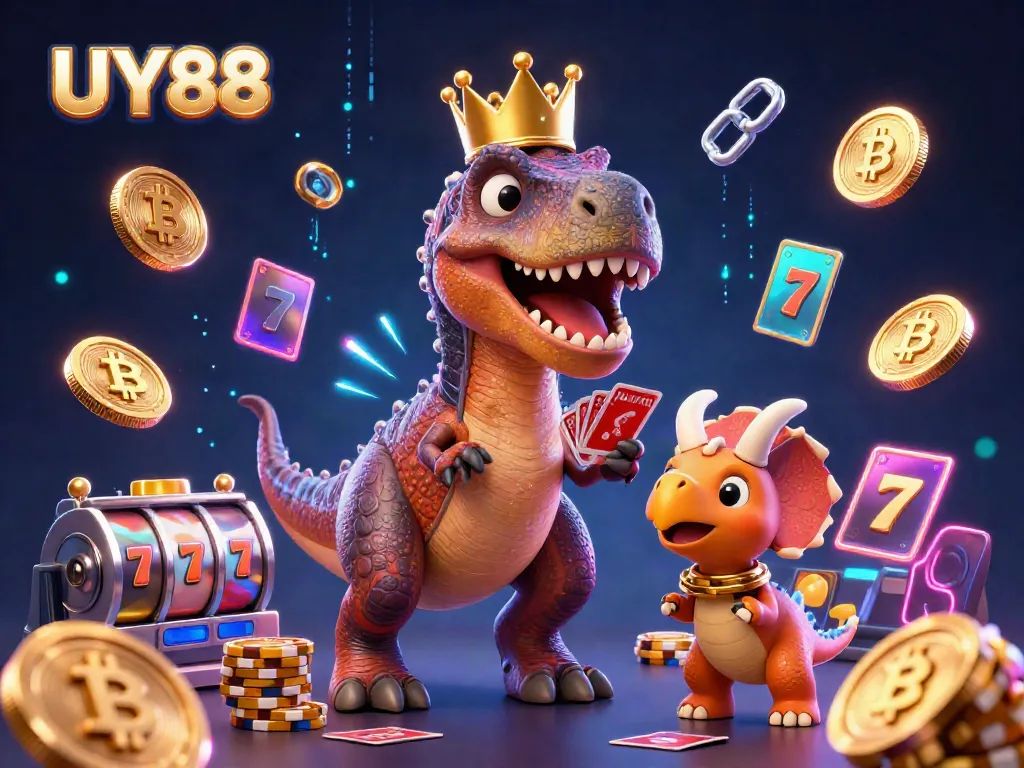 Engaging UY88 casino scene featuring a T-Rex and friends playing cards, surrounded by vibrant gaming elements.