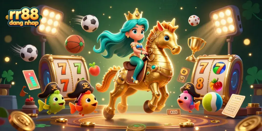 Engage with exciting games at RR88 dang nhap, featuring a vibrant 3D mermaid scene with games and treasures.