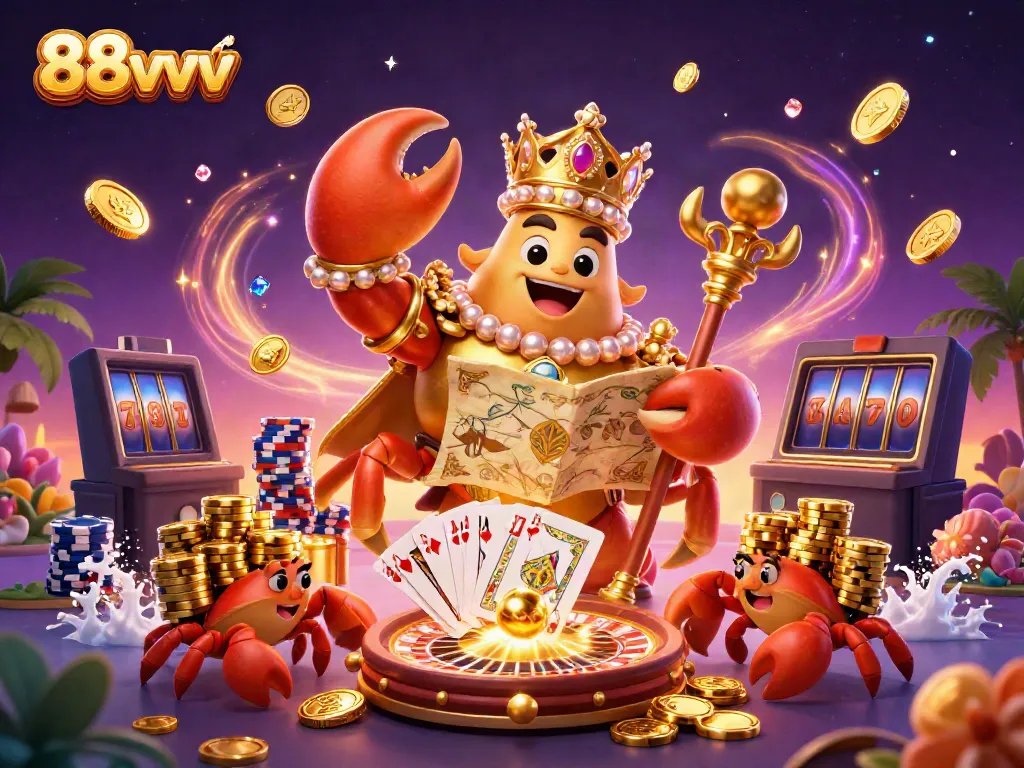 Experience the exciting realm of 88vvv with a golden crab emperor gambling amidst treasures, showcasing casino elements.