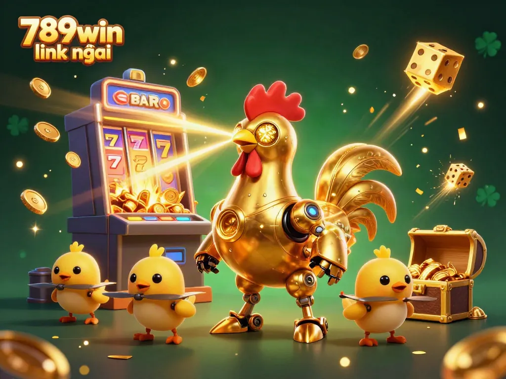 Experience thrilling wins with the vibrant 789win link mới in this dynamic casino scene featuring a golden rooster robot.