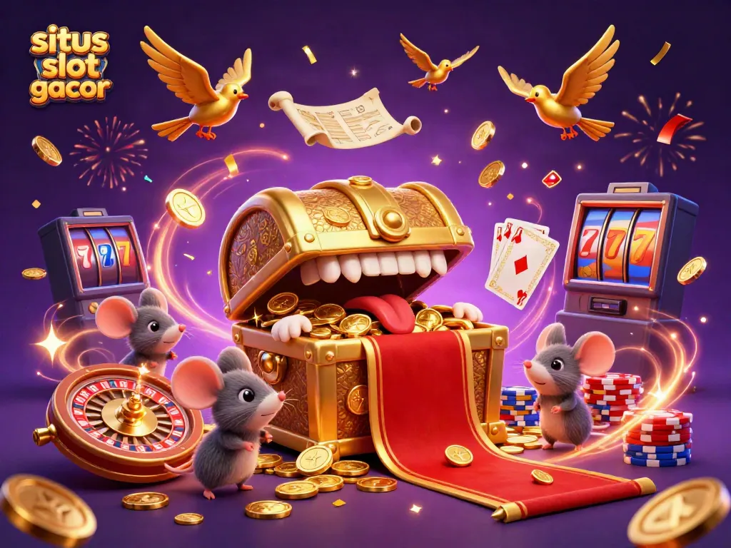 Engaging scene showcasing situs slot gacor with sparkling gems and animated characters in a rich casino environment.