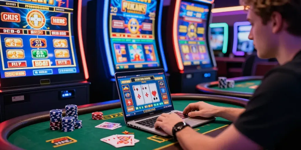 Scène de casino en ligne sans dépôt avec joueur sur ordinateur portable entouré de machines à sous colorées.