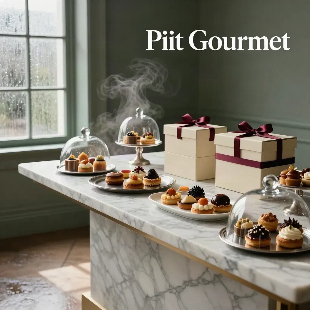 Atelier Ptit Gourmet au matin, plats maison, pâtisseries fines et coffrets gourmands sur marbre humide.