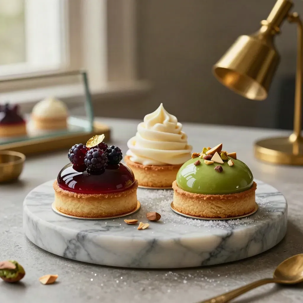 Assortiment de pâtisseries fines sur marbre, tartelette miroir, entremets vanille et mini gâteau pistache.