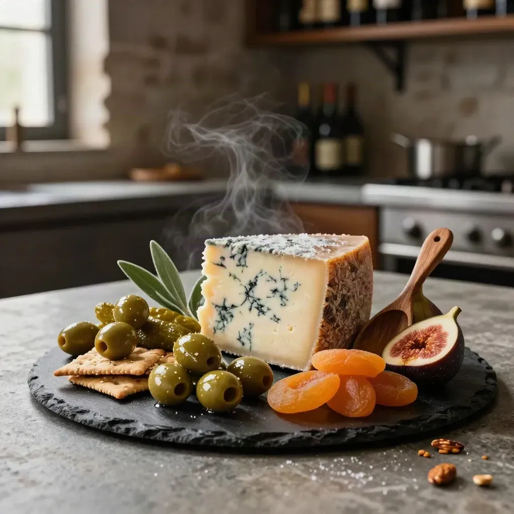 Grand plateau apéritif sur ardoise avec fromages, olives, crackers et fruits secs, lumière de cave.