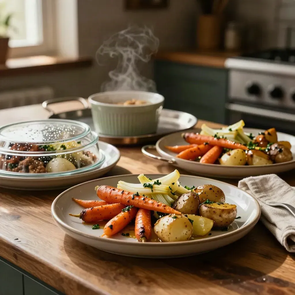Plateaux de repas maison en céramique avec légumes rôtis, vapeur et cloches en verre