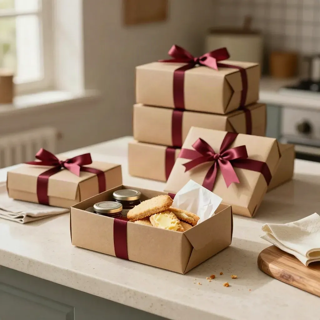 Coffrets cadeaux gourmands en kraft, sablés et confitures sur un plan de pierre clair.