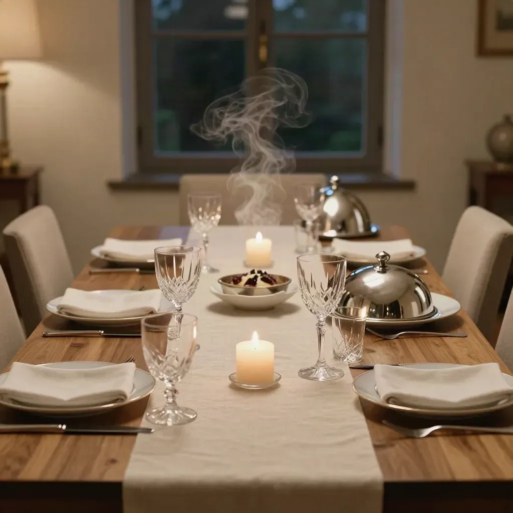 Table de dîner privée dressée pour six, sous bougies, cloches et verres fins.