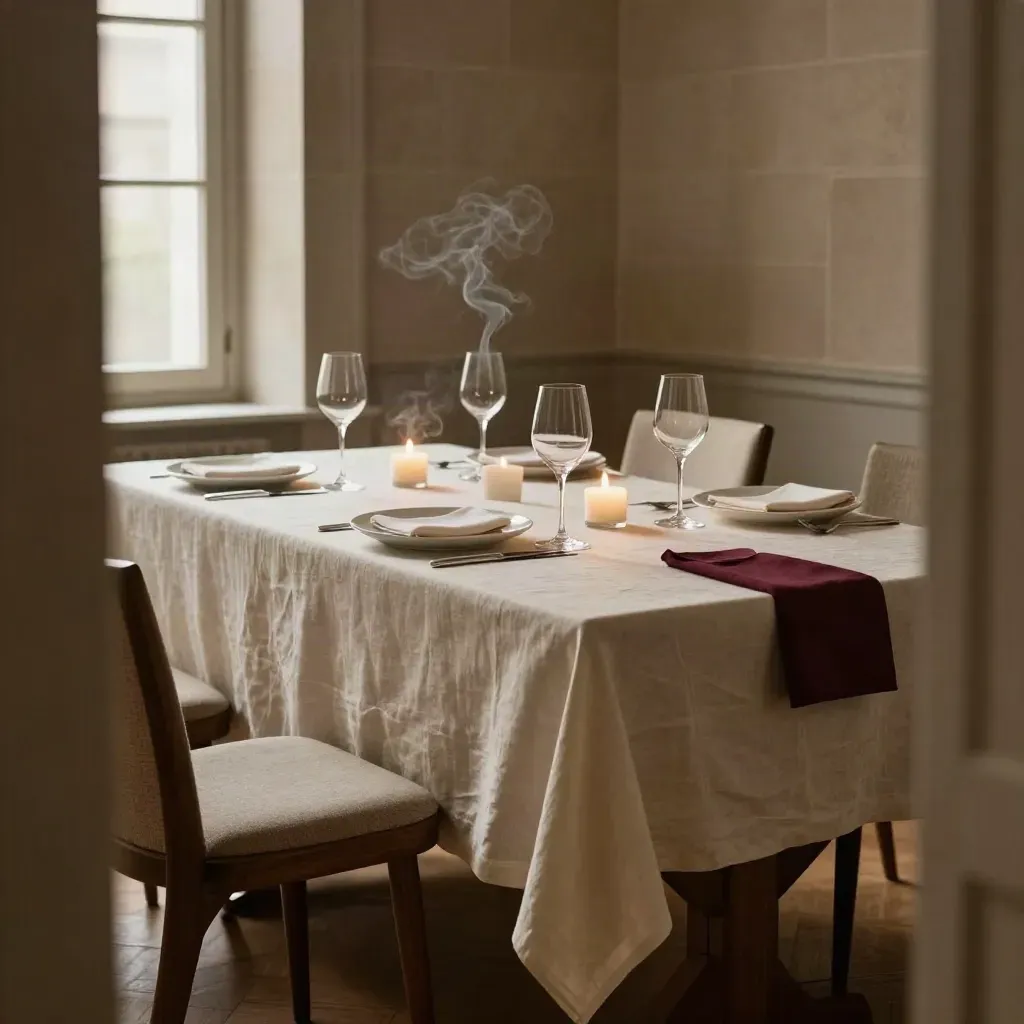 Salle à manger privée chic à Saint-Germain, table en chêne dressée, bougies et verres.