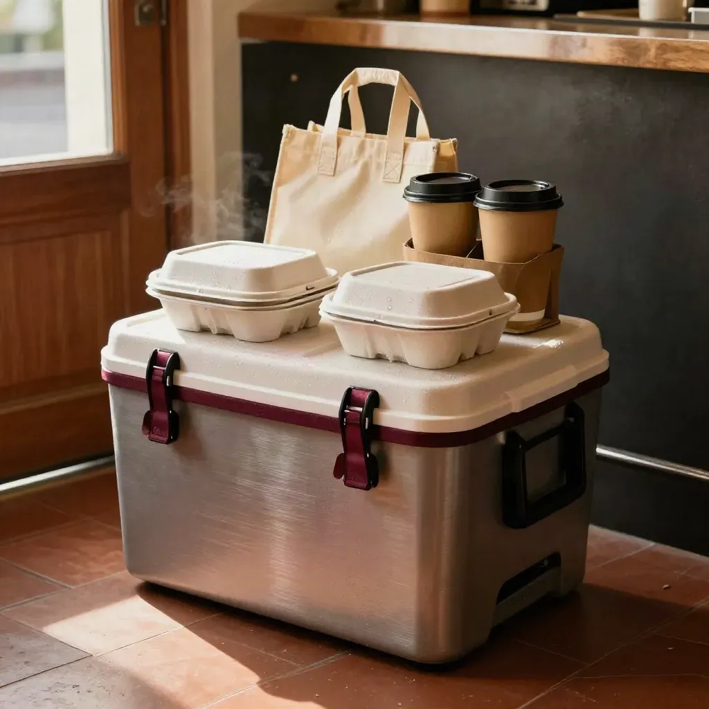 Bloc de livraison gourmet avec sacs isothermes, plateaux empilés et cafés prêts sur sol terracotta.