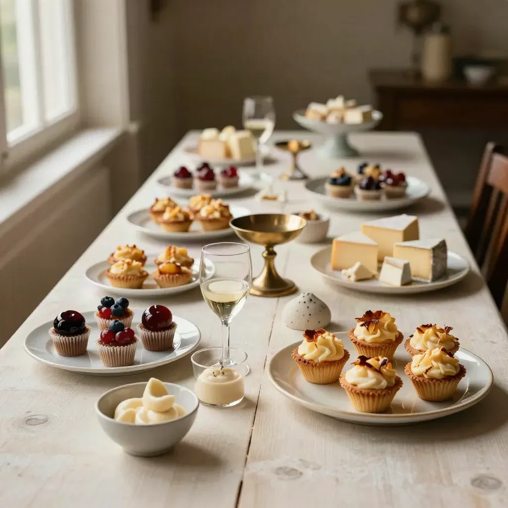 Buffet traiteur vu de très bas, avec fromages, feuilletés, crudités et verrerie scintillante.