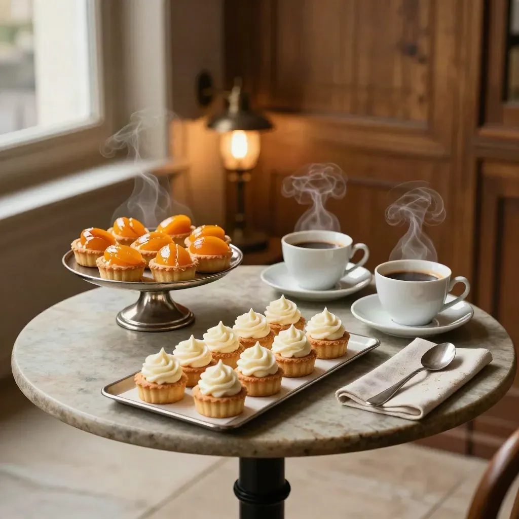 Plateau de tartelettes, mini gâteaux et café fumant sur guéridon en ambiance cosy.