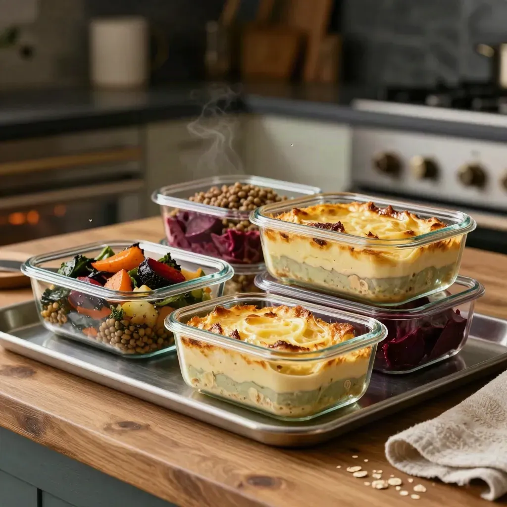 Portions de repas maison en verrines et plats prêts sur un îlot de cuisine, lumière chaude.
