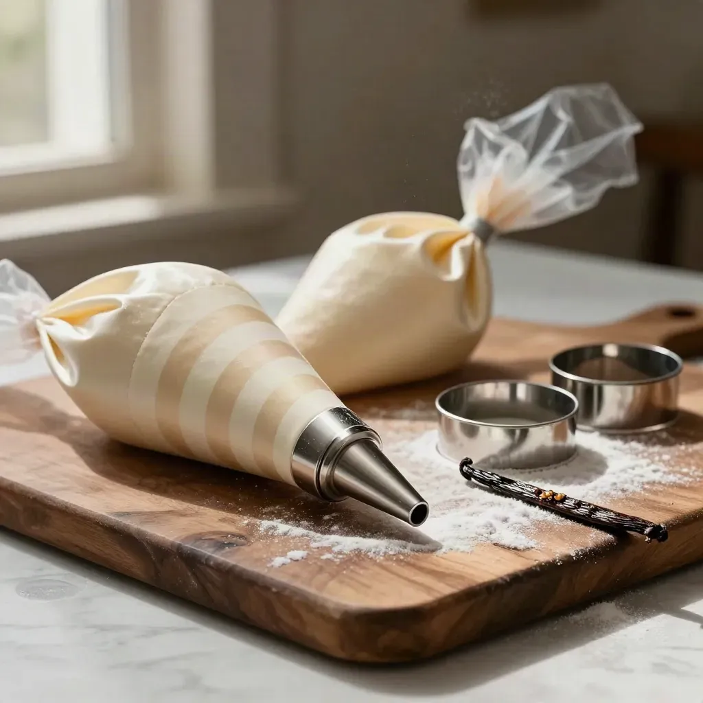 Douille, poche à pâtisserie, cercle inox et vanille sous une pluie de sucre glace