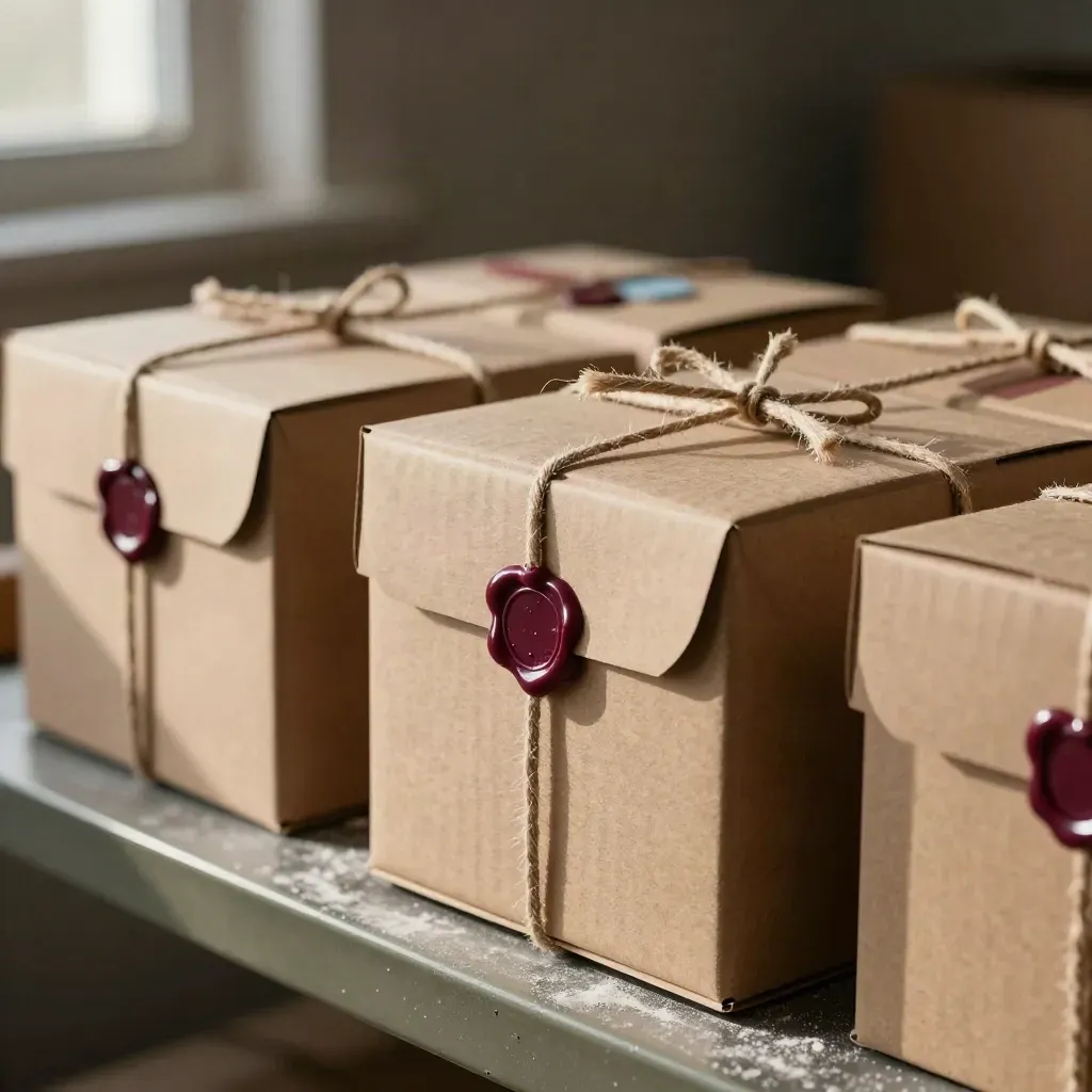 Boîtes kraft ficelées avec sceaux de cire bordeaux, alignées sur une étagère d’expédition.