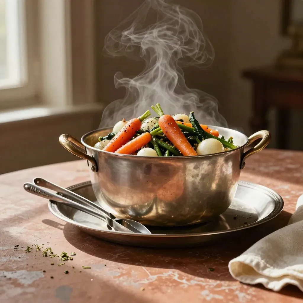 Grande sauteuse fumante, plat argenté et légumes glacés sur un comptoir de cuisine.