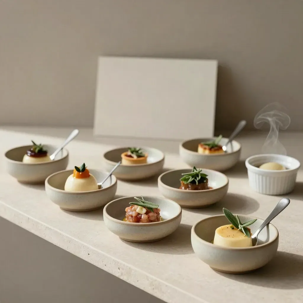 Petits bols de dégustation alignés sur une étagère en pierre avec cuillères et herbes de sauge.